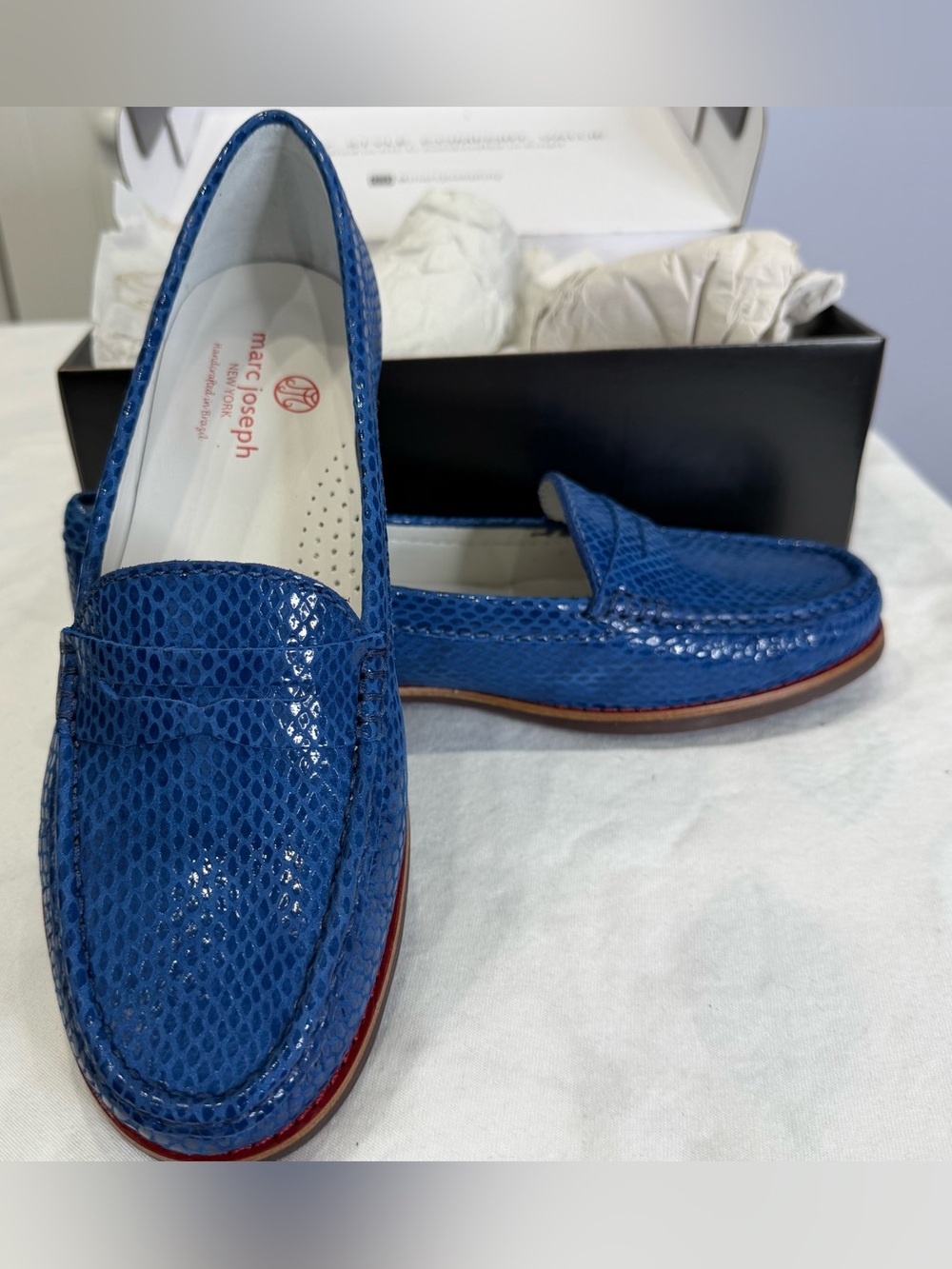 Marc Joseph East Village Loafers, royal blue “snake”, ladies size 8. NEW w/box!